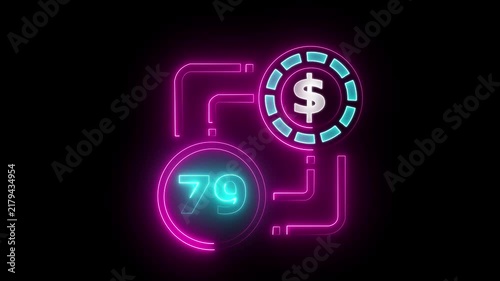79 dollar sign text vibrant neon green on black background, financial wealth and currency concept. Neon check mark with payment successful. Confirmation, money transaction concept.