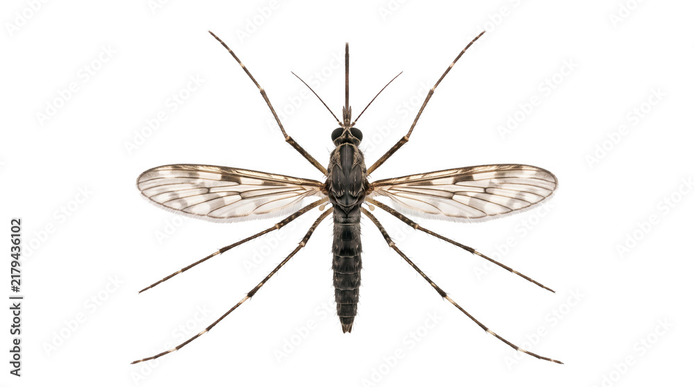Fototapeta premium Slender crane fly with outstretched translucent wings shown from dorsal perspective on transparent background for entomology and ecological reference, isolated specimen view