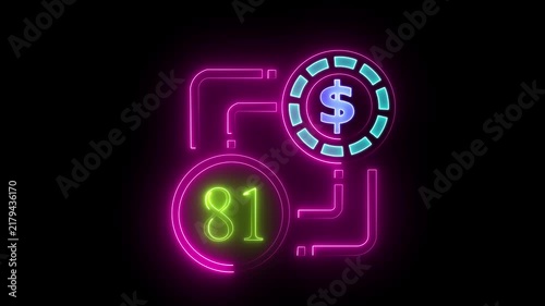 81 dollar sign text vibrant neon green on black background, financial wealth and currency concept. Neon check mark with payment successful. Confirmation, money transaction concept.