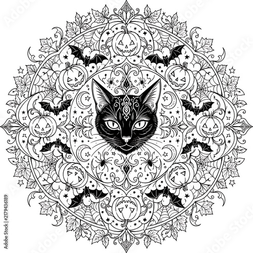 Halloween Cat Mandala, Halloween mandala, cat mandala, Halloween cat, gothic cat, black cat, spooky mandala, feline mandala, cat illustration, gothic Halloween, symmetrical design, radial pattern, int