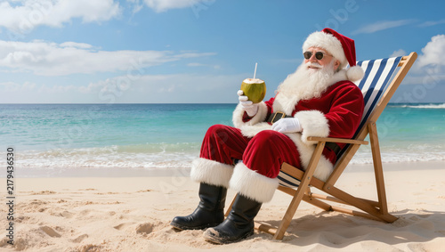 Smiling Santa Claus relaxes on a sunny tropical beach with a coconut drink, creating a humorous Christmas vacation concept by the blue sea.