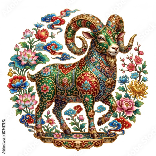 A decorative illustration of a ram with ornate patterns and colorful flowers, styled in a traditional Chinese zodiac art design.