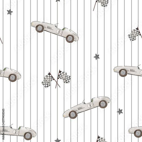 Little Vintage Racer Seamless Pattern with White Cars for Boys Nursery