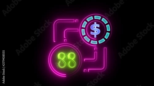 88 dollar sign text vibrant neon green on black background, financial wealth and currency concept. Neon check mark with payment successful. Confirmation, money transaction concept.
