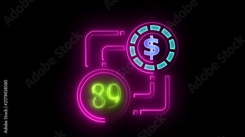89 dollar sign text vibrant neon green on black background, financial wealth and currency concept. Neon check mark with payment successful. Confirmation, money transaction concept.