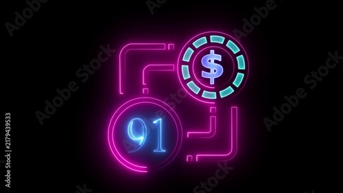 91 dollar sign text vibrant neon green on black background, financial wealth and currency concept. Neon check mark with payment successful. Confirmation, money transaction concept.