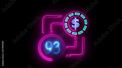 93 dollar sign text vibrant neon green on black background, financial wealth and currency concept. Neon check mark with payment successful. Confirmation, money transaction concept.