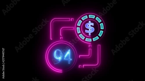 94 dollar sign text vibrant neon green on black background, financial wealth and currency concept. Neon check mark with payment successful. Confirmation, money transaction concept.
