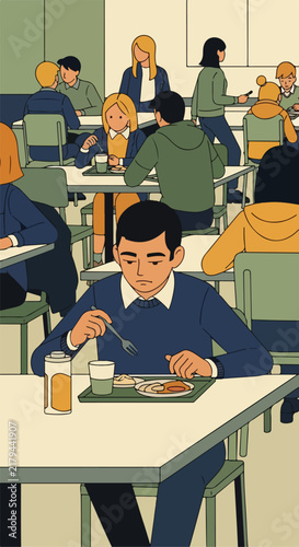 Young people eating lunch in a busy school cafeteria