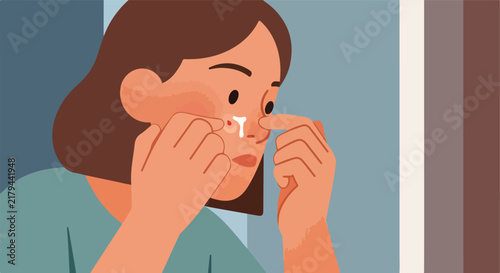 Person squeezing pimple on nose, indoors