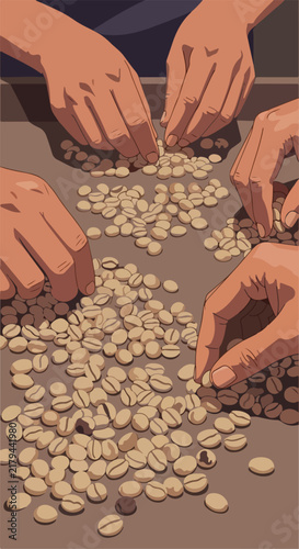 Hands sorting raw beans for beverage preparation
