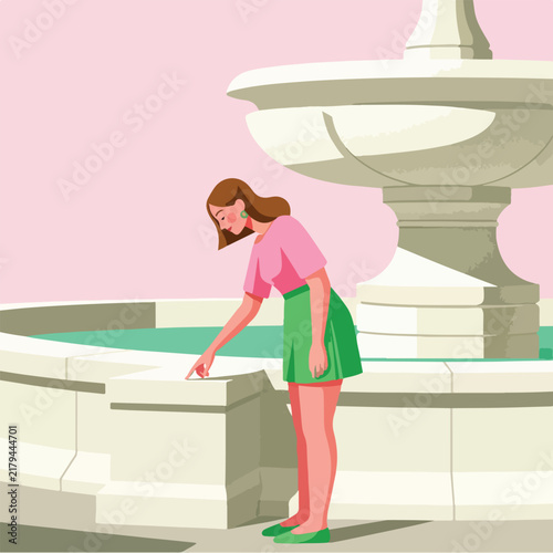 Woman touching water in a stone fountain with pink sky backdrop
