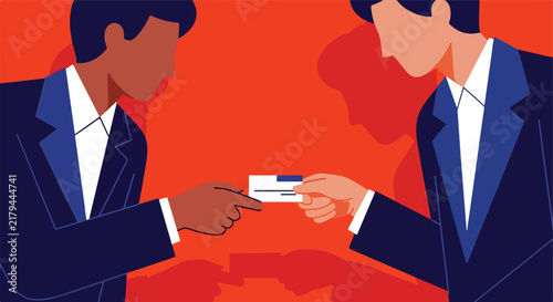 Two businessmen exchanging cards, plain background with shadows