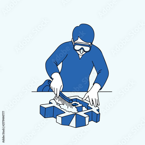 Person in goggles cleans object with brush, clear background