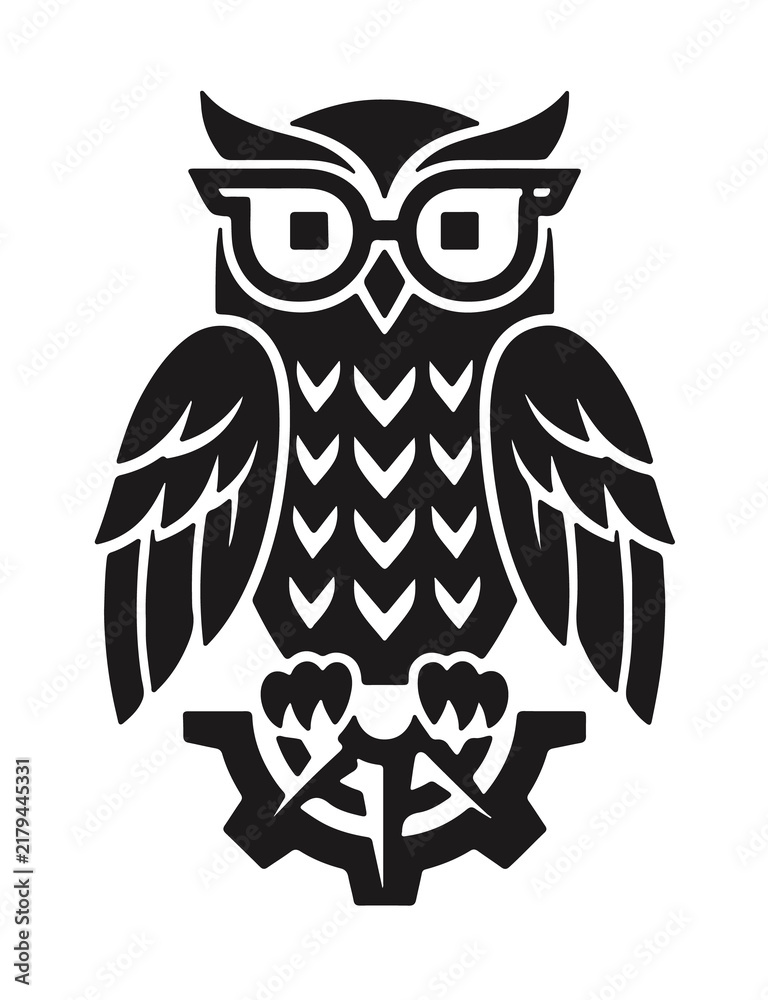 Fototapeta premium Geometric owl vector icon black and white mechanical mascot