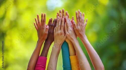 Diverse hands reaching for shared goal together