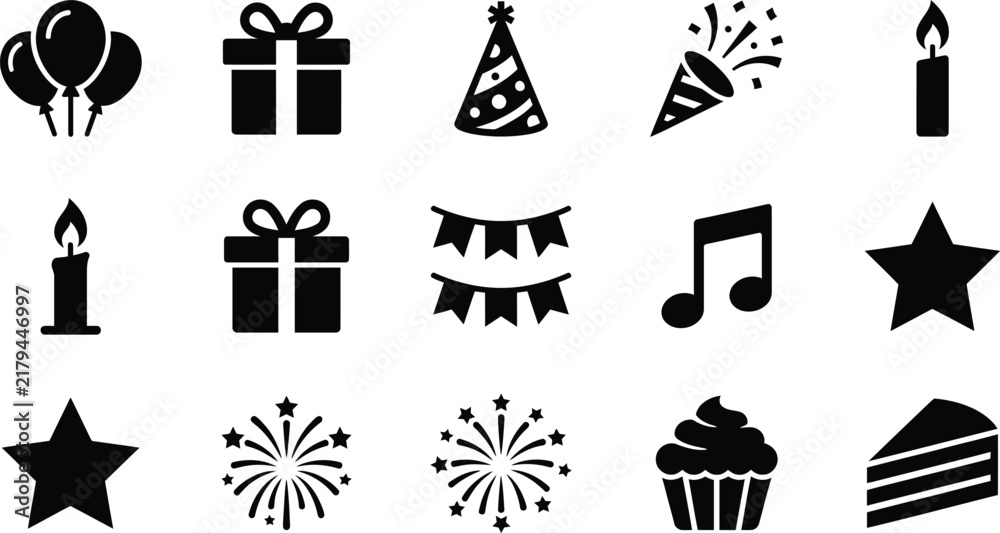 Naklejka premium Birthday party icon set, 15 celebration vector symbols, black minimalist event graphics, festive holiday design elements