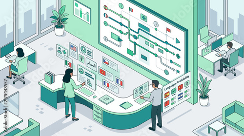 Isometric modern office with team managing global language translation data on interactive screens