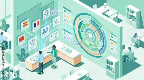 Isometric modern office with business team analyzing global data and interactive dashboard screens