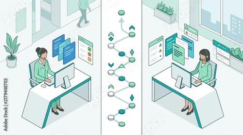 Isometric Customer Service and Workflow Management Infographic with Call Center Agents