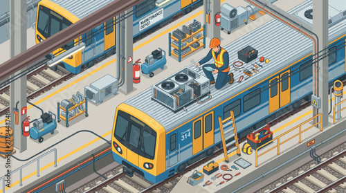 Isometric Train Maintenance Depot with Technician Repairing Metro Air Conditioning