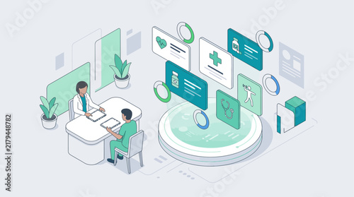 Isometric Digital Healthcare Concept with Doctor Consulting Patient and Futuristic Medical Data Interface