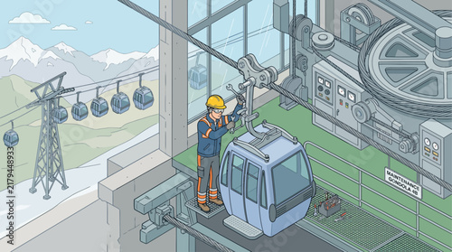 Isometric Cable Car and Gondola Lift Maintenance Service by Technician