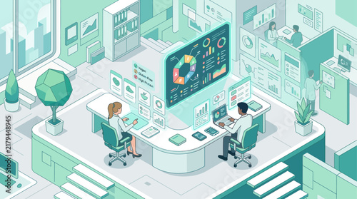 Isometric Office Workspace with Business People Analyzing Data and Food Nutrition Dashboards