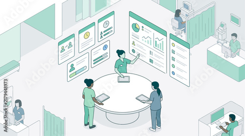 Isometric Medical Dashboard Illustration with Healthcare Professionals Analyzing Patient Data
