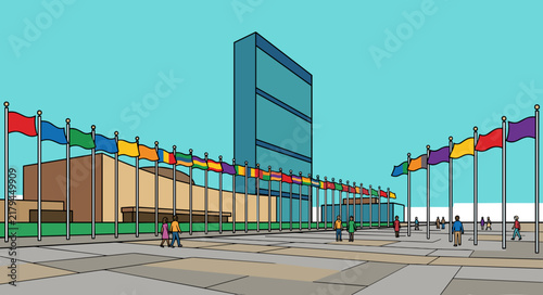 Wide angle view of international headquarters plaza lined with colorful national flags and visitors under clear sky concept of global diplomacy
