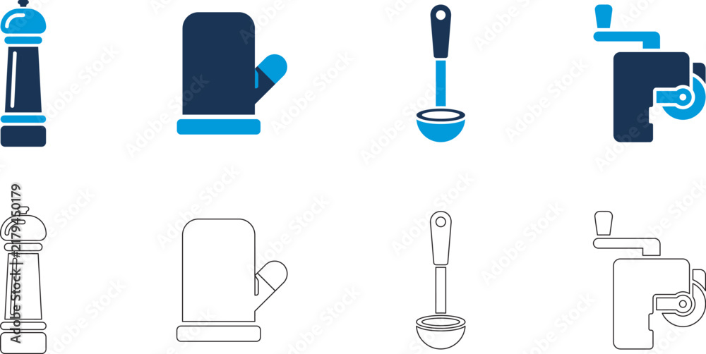 Fototapeta premium Set of kitchen utensil icons including pepper mill oven mitt ladle and meat grinder in flat and outline styles