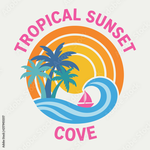 A serene and inviting depiction of a tropical sunset cove, featuring palm trees, a vibrant sunset, and soothing waves, evoking relaxation and escape in paradise.