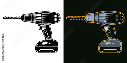 A sleek illustration of a power drill in black and white style, emphasizing tools and repairs, ideal for construction, DIY projects, and handyman services.