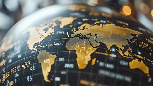 Globe map with bright landmasses and stock data