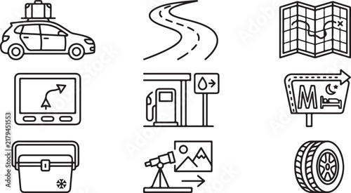 Road Trip Travel Line Art Vector Icon Set