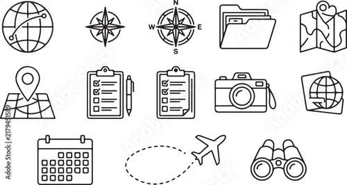 World Travel Planning Line Art Vector Icon Set