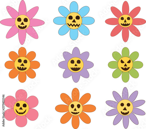 Retro Halloween Flowers clipart collection set. Spooky groovy florals for stickers, gift tags, posters and wrapping paper