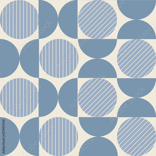 Mid Century Striped Circles and half circles in French and gray blue seamless pattern. For retro backgrounds, poster and banners