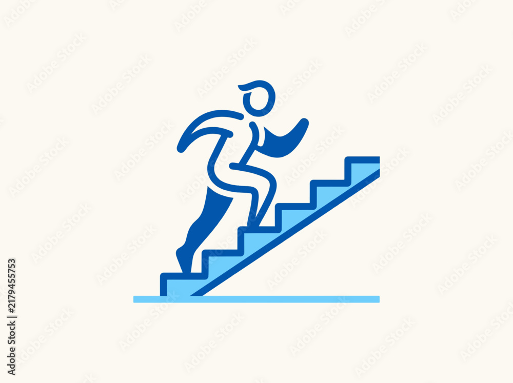 Fototapeta premium Minimalist vector icon of a person running up stairs, embodying concepts of career advancement, personal progress, ambition, and the journey towards success and achievement in life