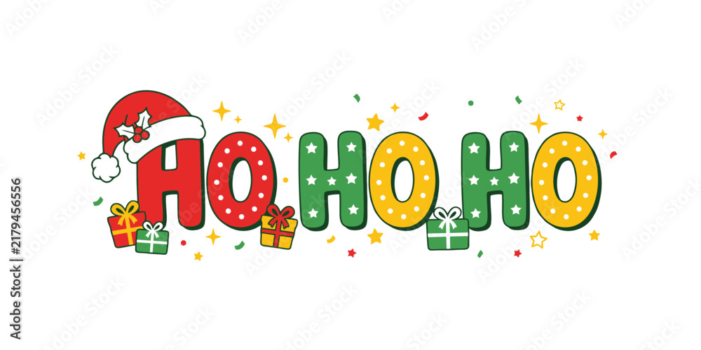 Fototapeta premium Festive Ho Ho Ho Christmas typography with Santa hat and gifts