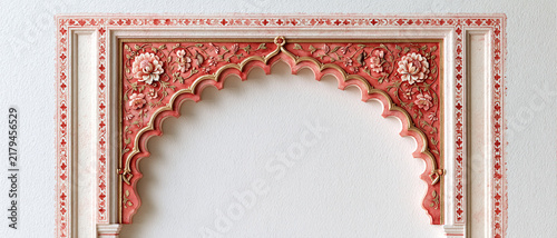 Watercolor Floral Mihrab Arch Frame for Islamic Wedding Invitation, Coral Pink Ivory and Gold