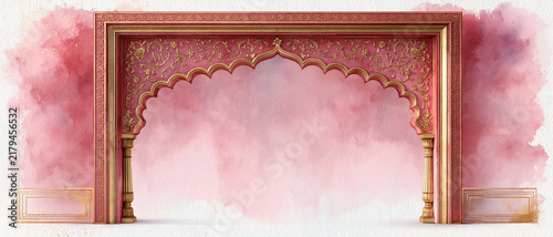 Watercolor Mihrab Style Arch Frame for Wedding Invitation, Dusty Rose and Gold with Empty Center