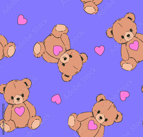 Cute teddy bears with pink hearts scattered on a vibrant lavender background seamless pattern for children's textiles