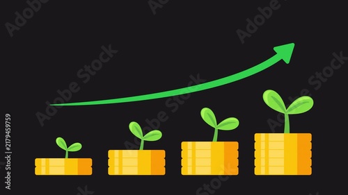 Coin Stack Growing with Plant and Rising Uptrend Green Arrow. Financial Growth Animation. Alpha Channel 4K