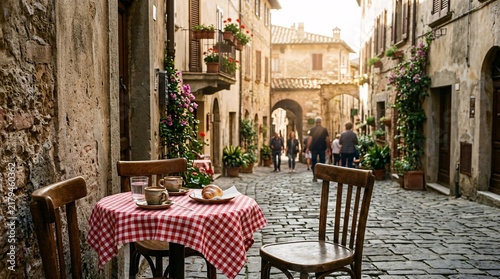 Romantic European cobblestone alleyway cafe, round table in checkered cloth with two ceramic espresso cups, morning sunbeams and facades.
