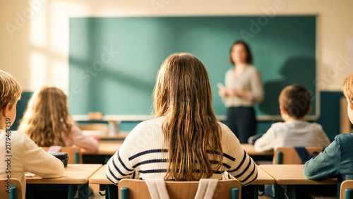 Back View of Schoolchildren Listening to Teacher in Classroom.
