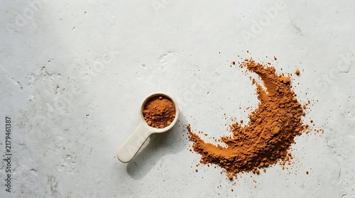 A top down view of organic pumpkin powder spilled on a white concrete surface beside a small white ceramic spoon