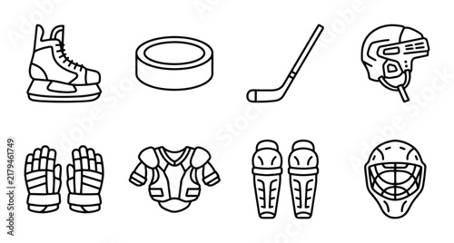 Photography Ice Hockey Equipment Icons Set, Sport Gear Vector Graphics, Athletic Accessories