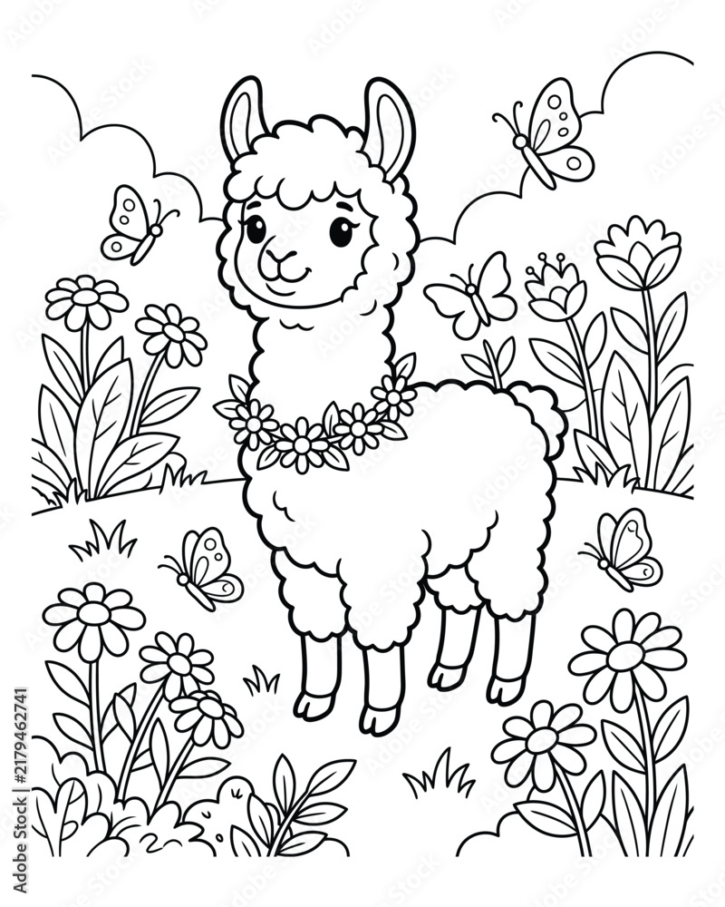 Fototapeta premium Cute llama with flowers and butterflies coloring page