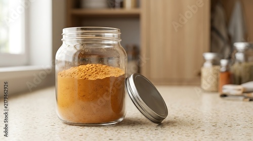 A glass jar filled with organic pumpkin powder on a kitchen counter with a lid placed next to it close-up